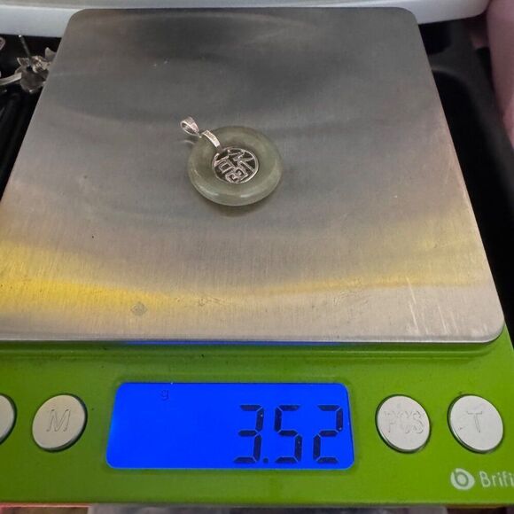 Sterling Silver Chinese Happiness Symbol Light Green Jade Pendant 925 Vintage - Picture 6 of 6